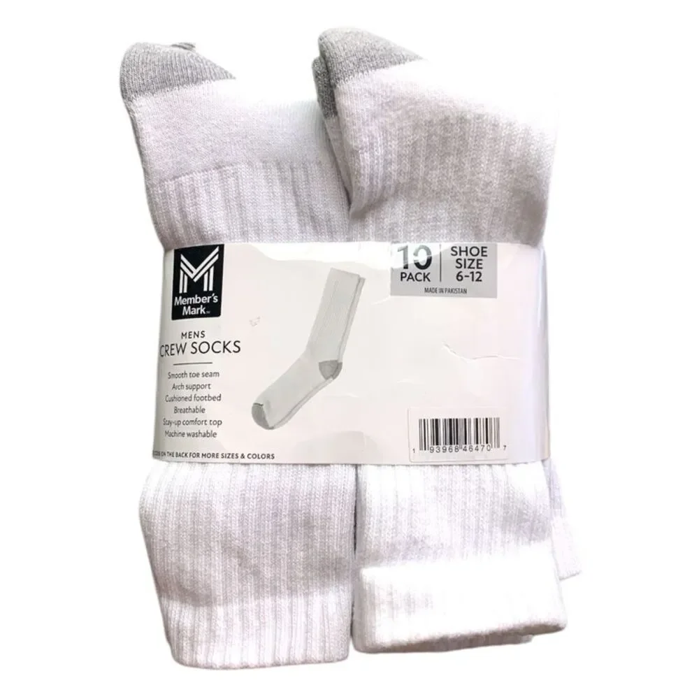 White - Member's Mark Mens Crew Socks, 10 Pack, Shoe Size 6-12, Arch Support, Br
